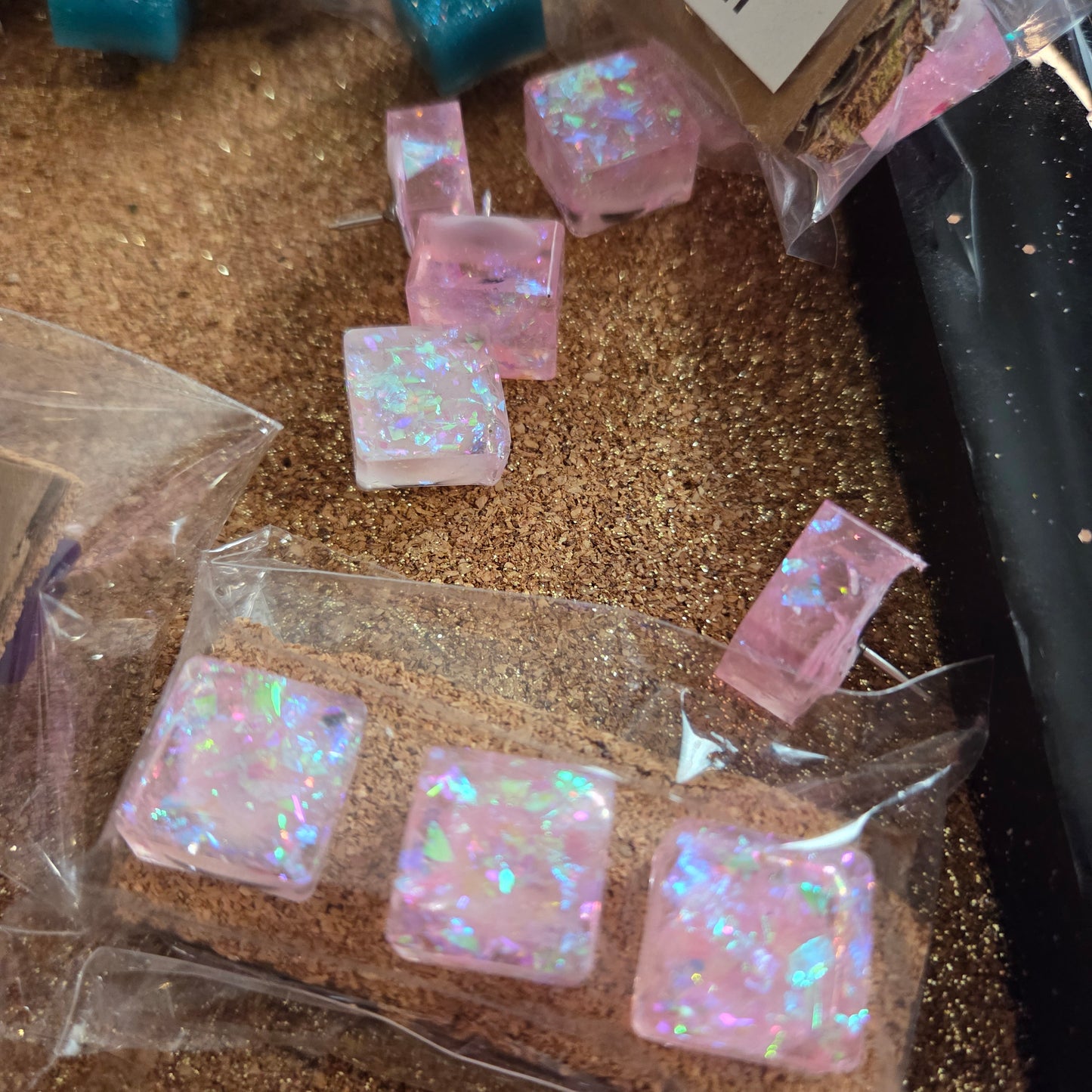 Hand Poured Push Pins, Rainbow and assorted Glitter Colors in Sets