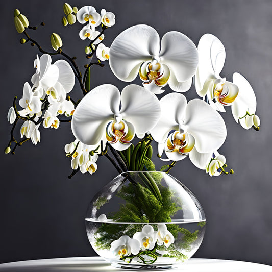 White Orchids in a Vase, a large format Diamond Painting Kit available by special order, from Diamond Art Emporium.
