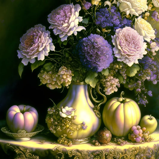 Golden Still Life, a large format Diamond Painting Kit available by special order, from Diamond Art Emporium.