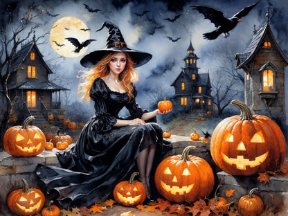 Witch Pumpkin, Large Format Premium Diamond Painting Kit, Choose Resin Square or Acrylic Round Diamonds