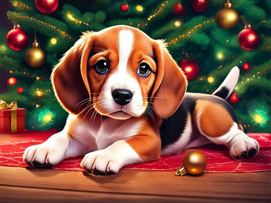 Christmas Beagle, by Alayne Rae Mullen available by special order, exclusively from Diamond Art Emporium