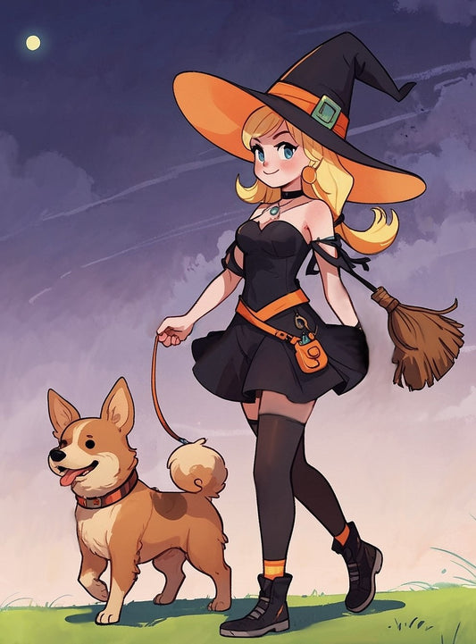 Dog Walker Witch, by Kristin S Block a diamond painting kit from the Which Witch Collection at The Emporium
