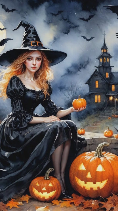 Witch Pumpkin, Large Format Premium Diamond Painting Kit, Choose Resin Square or Acrylic Round Diamonds
