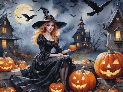 Witch Pumpkin, Large Format Premium Diamond Painting Kit, Choose Resin Square or Acrylic Round Diamonds